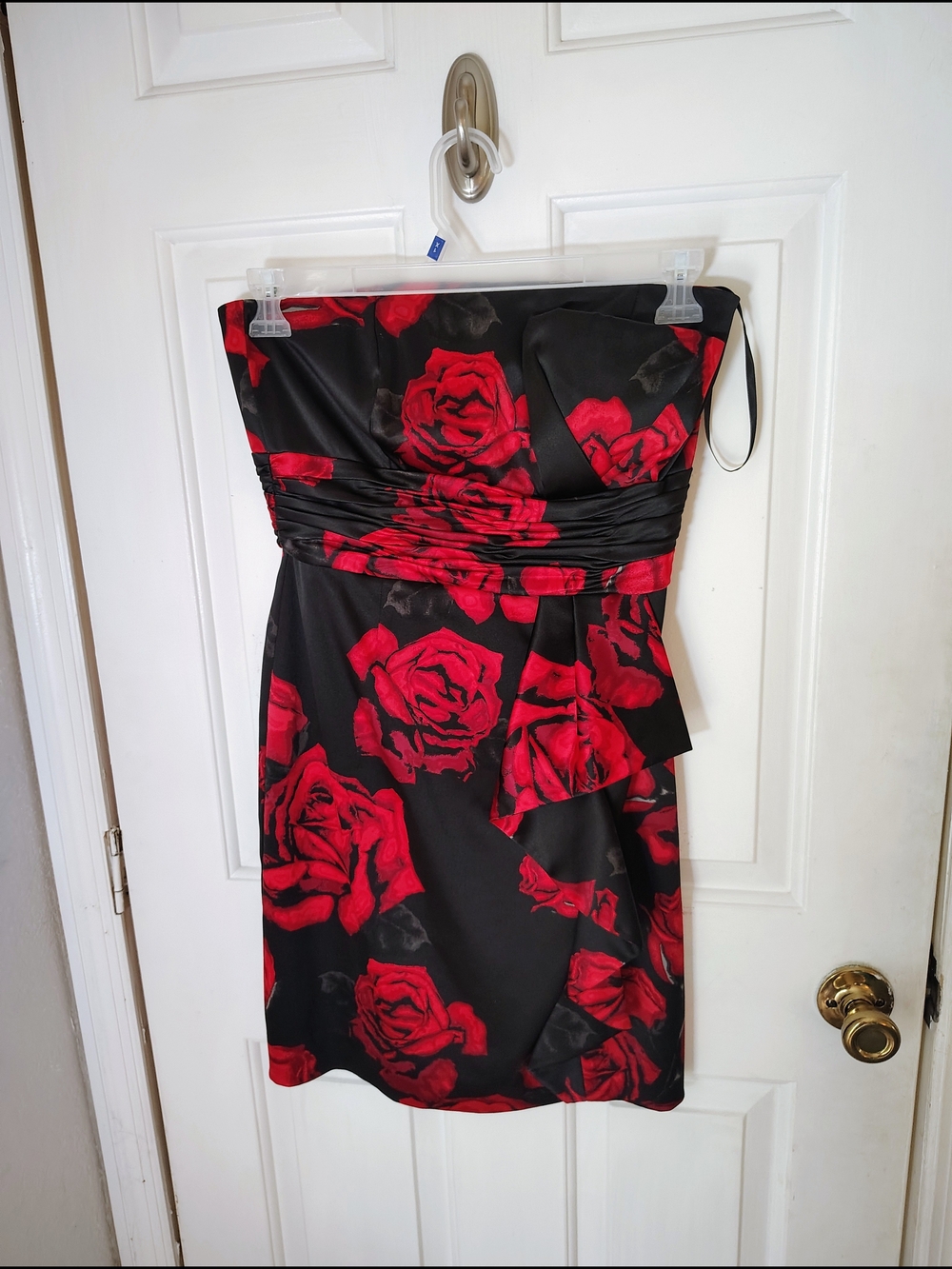 White House Black Market Strapless Black Dress with Red Rose Pattern - Picture 2 of 7